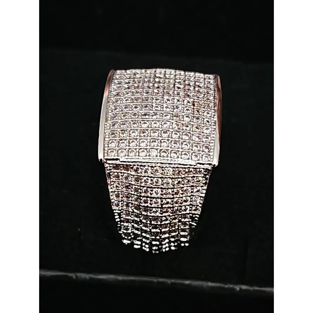 Size 8 White Gold-Plated brass Men's Band Ring Square Pavé CZs